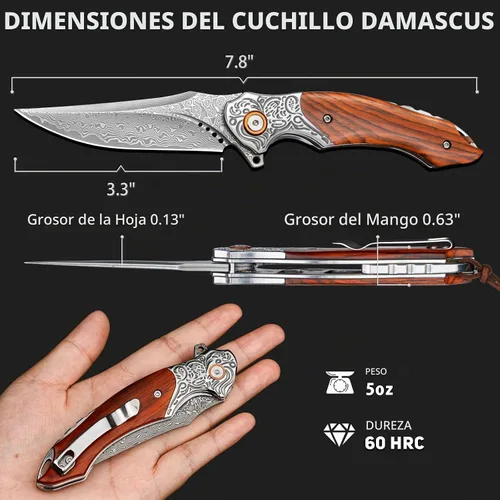 Vista 5 de Cuchillo de bolsillo Damasco para hombre, 7.78" VG10 cuchillo Negro