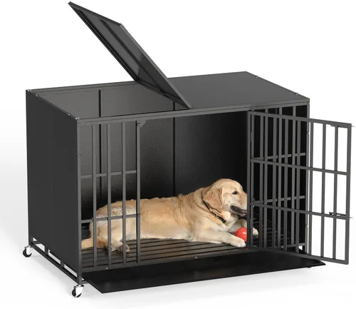Vista 17 de LEMBERI - Jaula para perro indestructible y resistente de 48/38 pulgadas, a prueba de escapes con ruedas bloqueables, doble puerta para evitar