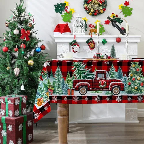 Vista 7 de Mantel cuadrado de Navidad 52x52 pulgadas - Rojo camión de Navidad, decoración de fiesta para el hogar - Mantel rectangular de Navidad a cuadros