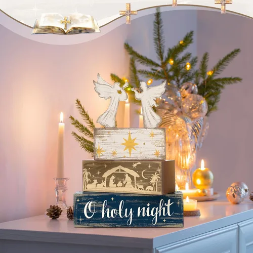 Vista 6 de Moucuny 4 Piezas de Decoración de Mesa de Ángel de Navidad, Letrero Decorativo Navideño de Madera, Escena de Nacimiento, Bandeja Escalonada, Centros