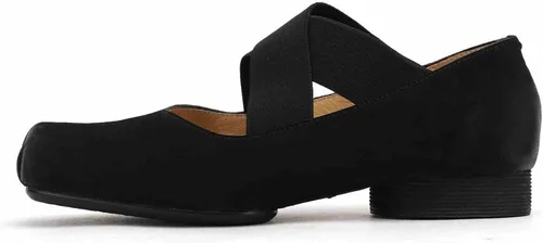 Vista 2 de Zapatos planos de ballet de piel nobuck para mujer, punta cuadrada retro con banda ancha elástica entrecruzada, zapatos de tacón bajo y fino