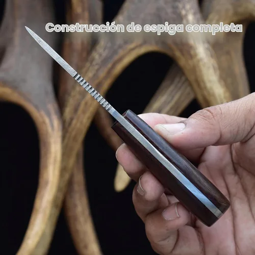 Vista 5 de Knives Ranch Cuchillo EDC hecho a mano de acero de Damasco de 5.5 pulgadas, hoja fija de espiga completa, mango de palisandro, funda de cuero