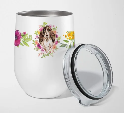 Vista 55 de Caroline's Treasures CK4110TBL12 Afghan Hound Pink Flowers - Vaso de vino aislado de acero inoxidable de 12 onzas con tapa, bonita taza de viaje