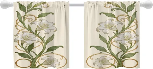 Vista 56 de Shrahala Art Nouveau Floral Pattern Blackout Curtain Tiers, Delicate Vine and Flower Design Kitchen Valance Light Blocking Tier Drapes with Rod