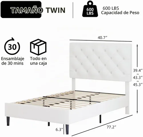 Vista 2 de BarnFurin Marco de Cama Twin, Cama Plataforma Tapizada con Cabecera con Botones Capitoné, Marco de Cama de Tela con Soporte de Listones de Madera