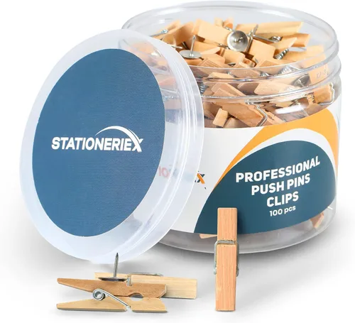 Vista 7 de 25 alfileres con clip de madera para decoración de aulas, clips con pasadores resistentes para tablón de anuncios y tableros de corcho, tachuelas