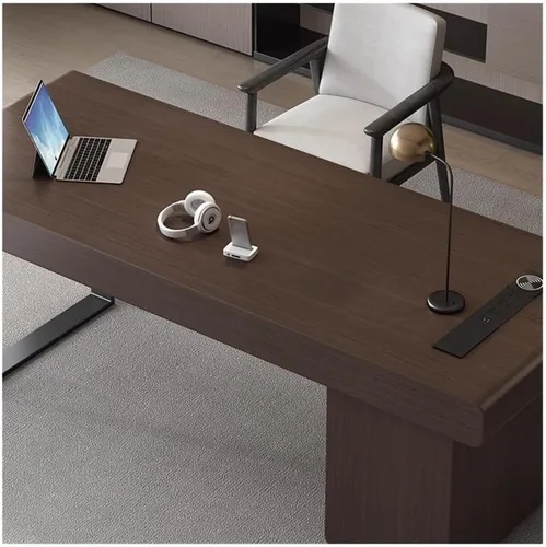 Vista 2 de Modern Executive Office Desk with Drawers and File Cabinet, Smoky Color Wood Writing Desk Workstation with Outlets(140cm)