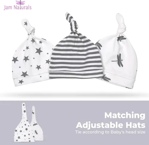 Vista 5 de Jam Naturals - Conjunto de 3 mantas y gorro de velcro ajustable con lazo orgánico, Gris