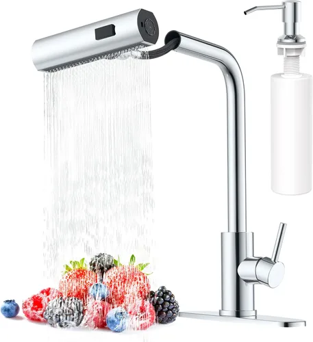 Vista 17 de AVSIILE Grifos de cocina en cascada de color negro mate con rociador desplegable y dispensador de jabón, un solo orificio y mango, grifo extraíble