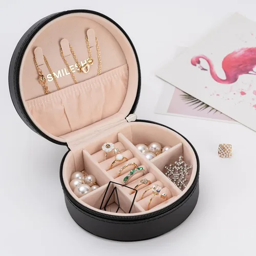Vista 2 de Smileshe Joyero de viaje, mini organizador portátil con cremallera, de piel sintética, pequeñas cajas de almacenamiento para anillos, aretes