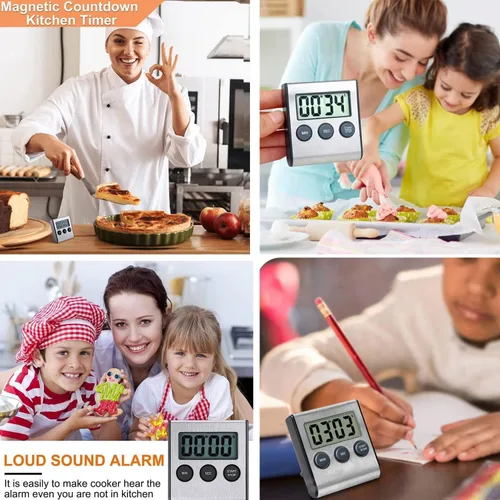 Vista 4 de Temporizador digital de cocina - Cuenta regresiva magnética con alarma fuerte, acero inoxidable para cocinar, hornear, juegos deportivos