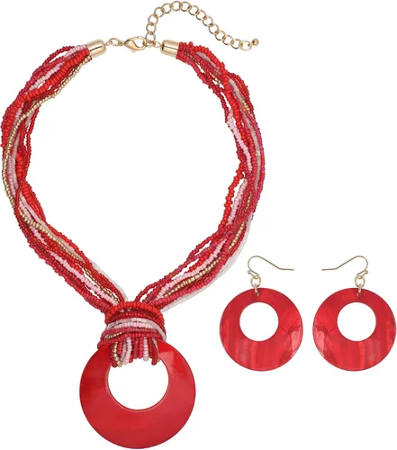 Vista 11 de Coiris Collar de varias vueltas con cuentas coloridas y gran colgante de concha circular para mujer Negro