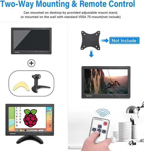 Vista 5 de Haiway Monitor de seguridad de 10.1 pulgadas, resolución de 1024 x 600, pequeño monitor HDMI, monitores de computadora pequeños con control remoto