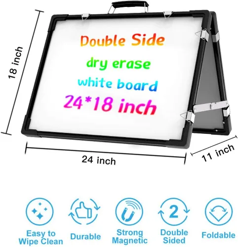 Vista 5 de Pizarra blanca de borrado en seco, pizarra blanca portátil de doble cara, soporte magnético plegable para colgar en la pared, caballete para niños