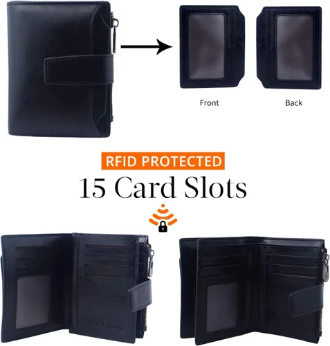 Vista 3 de Bveyzi - Billetera pequeña de cuero para mujer con bloqueo RFID, de dos pliegues con cremallera, con ranuras para tarjetas de crédito y ventana