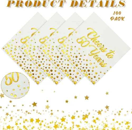 Vista 3 de Qilery 100 servilletas de papel de aluminio dorado para decoración de cumpleaños, aniversario y cumpleaños, servilletas de cóctel plegadas de 6.5 x