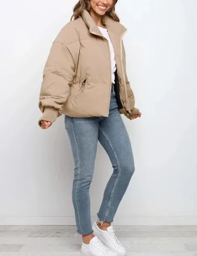 Vista 4 de Tanming Chaqueta acolchada casual para mujer, manga larga, cremallera completa, abrigo de invierno acolchado negro