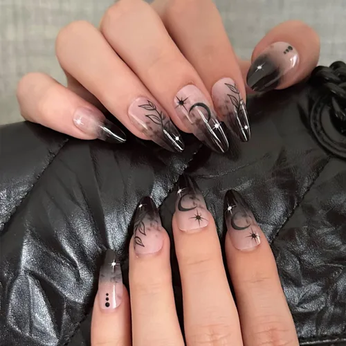 Vista 9 de Uñas postizas a presión de Halloween, uñas postizas de almendra, cobertura completa, uñas postizas rojas con diseños de gotas de sangre, punta 14