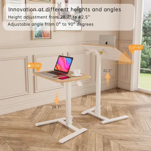 Vista 8 de alawooder 25" Mobile Folding Desk: Pneumatic Sit-Stand, No Assembly Escritorio para portátil con ruedas ajustables de 29 a 42 pulgadas, ruedas Beige