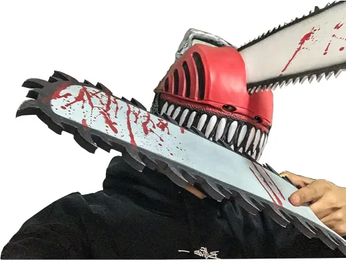 Vista 4 de SLDYLQ Máscara de hombre de motosierra de anime, máscara de Pochita Denji Bloody, máscara de payaso Denji para Halloween, cosplay y mascarada