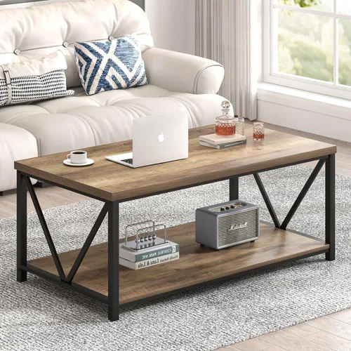 Vista 10 de FOLUBAN Mesa de centro con almacenamiento, mesas centrales pequeñas modernas para espacios pequeños, mesa de cóctel de madera rústica y metal
