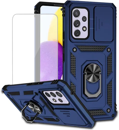Vista 12 de Funda para Galaxy A53 5G, Samsung A53 5G SM-A536U con protector de pantalla de vidrio templado y cubierta de cámara deslizante, anillo magnético Oro
