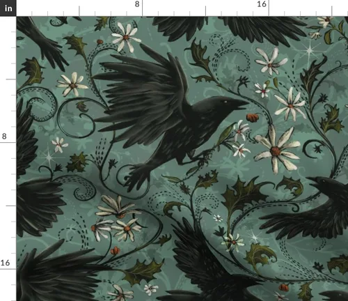 Vista 2 de Spoonflower Tela Gótica Cuervos Otoño Floral sobre Algodón Pétalo