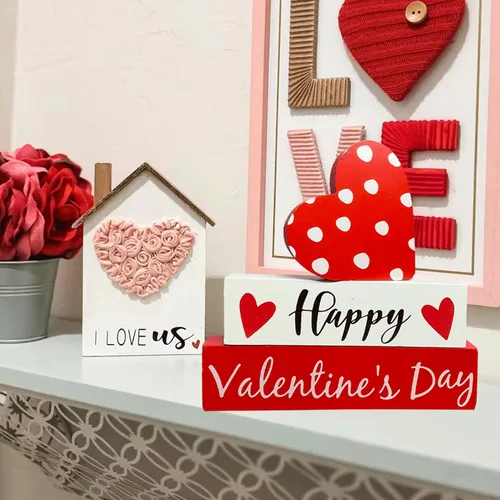 Vista 9 de Letrero de madera para el día de San Valentín, decoración de mesa de corazón para bandejas escalonadas, estante de café, barra de madera, decoración