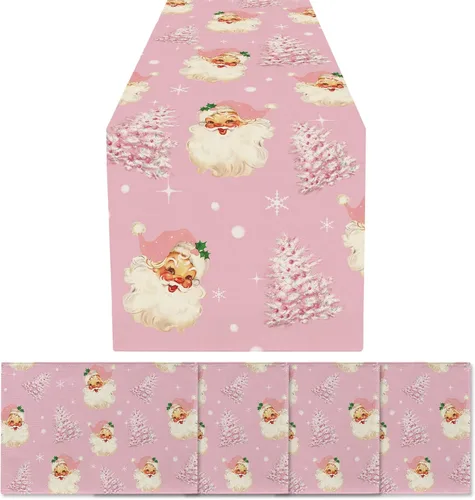 Vista 8 de Camino de mesa de Navidad Papá Noel Árbol de Navidad Copo de nieve rosa, caminos largos para invierno, Navidad, decoración para el hogar, cocina
