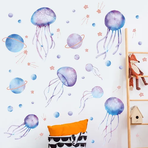 Vista 4 de 4 hojas de calcomanías de pared de medusas de cielo estrellado que brillan en la oscuridad, calcomanías de pared luminosas azul planeta, calcomanías
