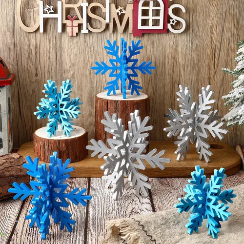 Vista 13 de Bucherry 12 piezas de decoración de mesa de copo de nieve de madera 3D con copos de nieve y centro de mesa para fiesta de congelados, Navidad