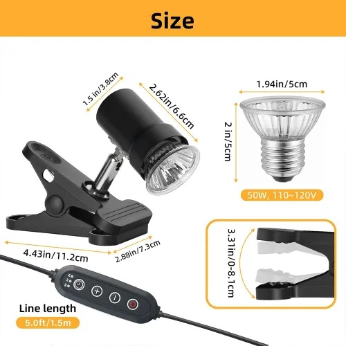 Vista 7 de Lámpara de calor para reptiles con abrazadera giratoria de 360° con bombilla de calor UVA UVB de 50 W, lámpara de calefacción de luz solar simulada