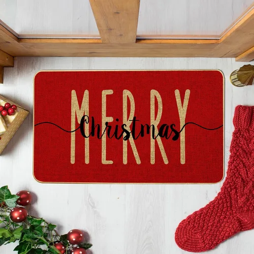 Vista 4 de Alfombra Decorativa de Puerta de Bienvenida Roja Feliz Navidad, Alfombra de Puerta de Invierno de Temporada, Alfombra de Piso de Perfil Bajo