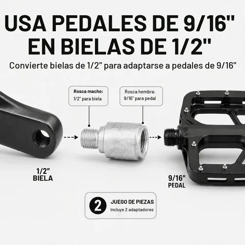 Vista 2 de Hikenture Adaptador de pedal de bicicleta 9/16 "a 1/2" Pedales de bicicleta Acero al molibdeno cromado (par)