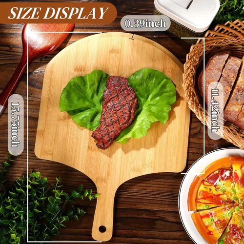 Vista 4 de Gerrii 9 piezas de madera para pizza de 15.75 pulgadas, tabla de cortar de bambú para tarta, espátula de paleta con mango para hornear, horno