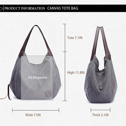 Vista 2 de Bolsa de lona para mujer, estilo casual, con múltiples bolsillos, para ir de compras, senderismo, viajes y trabajo