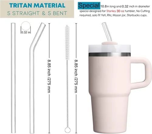 Vista 2 de ALINK Paquete de 10 popotes reutilizables transparentes para jarra Stanley de 20 oz y 14 oz, popotes de plástico duro Tritan para Yeti Rtic de 30