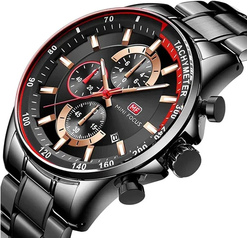 Vista 2 de MF MINI FOCUS Reloj cronógrafo de cuarzo para hombre, pulsera de eslabones de acero inoxidable, resistente al agua, luminoso