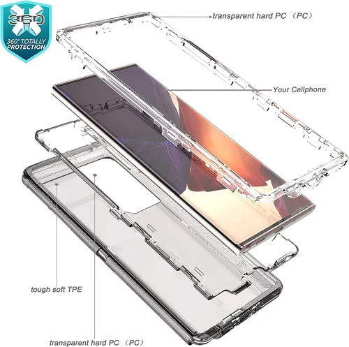 Vista 5 de YmhxcY Funda para Note 20 Ultra Cover, Galaxy Note 20 Ultra de 3 capas, duradera, a prueba de golpes, funda transparente de silicona sólida
