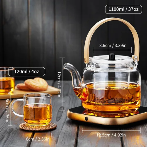 Vista 2 de Juego de teteras de cristal, 37 onzas/37.2 fl oz, hervidor de té de vidrio con 4 tazas de té de doble pared, tetera con infusor para té suelto, apto