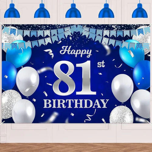 Vista 87 de Bandera de feliz primer cumpleaños con fondo azul marino, globos, confeti, bandera de rayas, luces de puntos, felicitaciones por el tema de 1 año