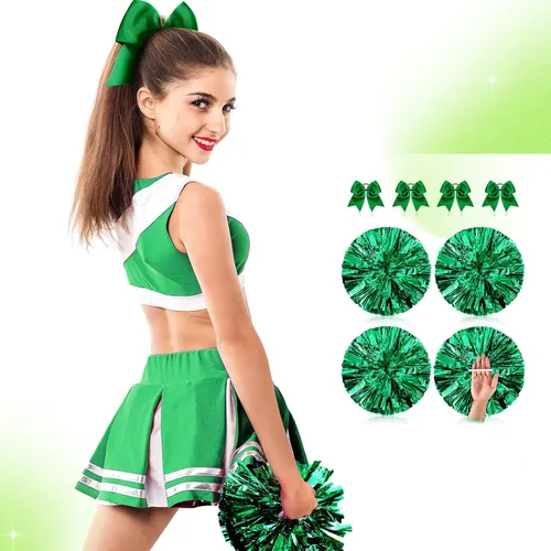 Vista 5 de Jexine 8 pompones de porrista de 11.8 pulgadas y lazos grandes para el pelo de animadora para adolescentes, niñas, sóftbol, baile, animadora