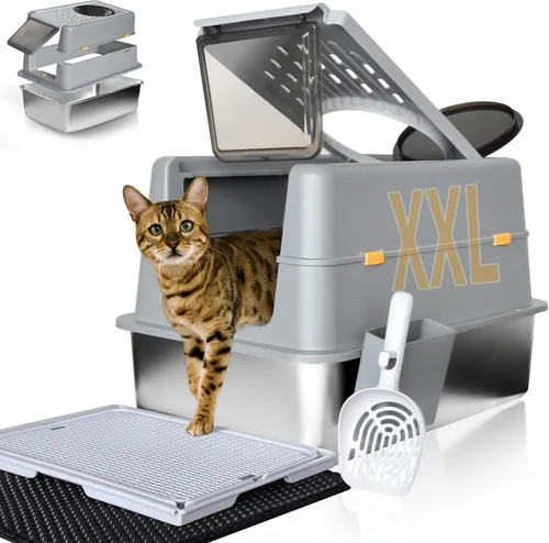 Vista 9 de Caja de arena de acero inoxidable con tapa, diseño XL cerrado antifugas para gatos grandes, sistema de caja de arena de metal antiadherente fácil