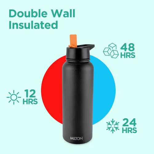 Vista 2 de Milton Botella de agua aislada de 40 onzas con 4 tapas a prueba de fugas, termo aislado al vacío de doble pared de acero inoxidable, 12 horas