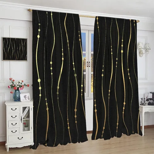 Vista 22 de Cortinas Negras con Dobladillo Dorado, Cortinas Opacas con Bolsillo para Barra con Estampado de Rayas de Foil en Onda Dorada para Decoración de Negro