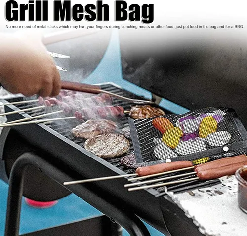 Vista 5 de Bolsa de malla antiadherente para parrilla, resistente a altas temperaturas, bolsa de barbacoa reutilizable para carbón, gas, parrillas eléctricas