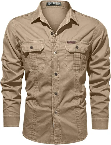 Vista 2 de Parise Mens Long Sleeve Military Style Cargo Tactical Work Shirt Cotton Outdoor Casual Slim Fit Button Down T-Shirt Plus
