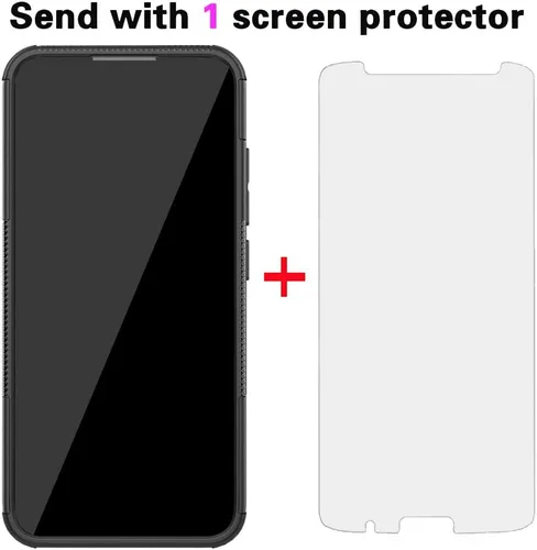 Vista 3 de Funda para teléfono Moto E6 Plus con protector de pantalla de vidrio templado y soporte, accesorios de protección híbrida dura, resistente, Negro