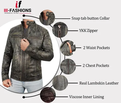Vista 20 de Lambskin Leather Jacket for Men - Vintage Distressed Brown Biker Coat