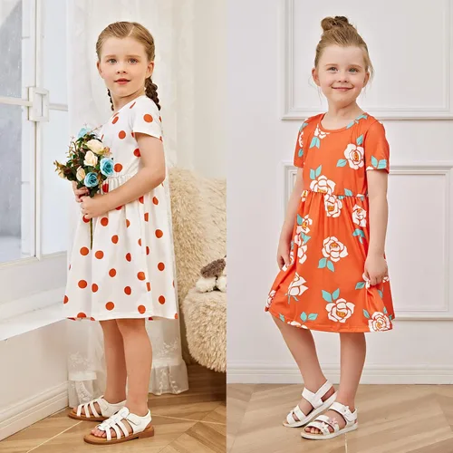 Vista 6 de PATPAT Paquete múltiple de vestidos florales para niña pequeña, paquete de 23 unidades, a lunares, manga corta, vestido de corte en línea A